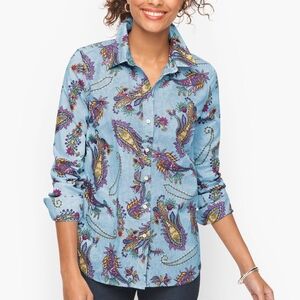 Talbots Plus 1X Cotton Button Front Shirt Swirly Paisley Long Sleeve Boho Preppy